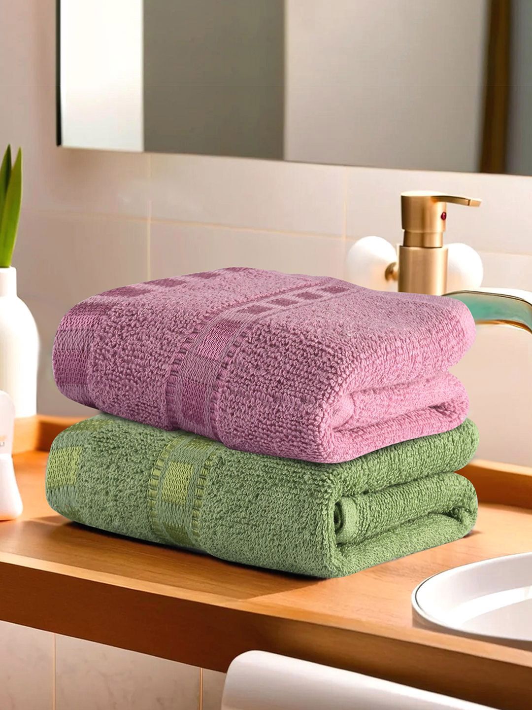 Kuber Industries Pink & Green 2 Pieces Cotton Highly Absorbent 225 GSM Face Towels