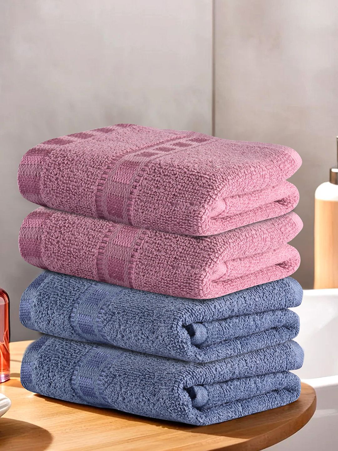 Kuber Industries Pink & Blue 4 Pieces Self Designed GSM 225 Face Towels