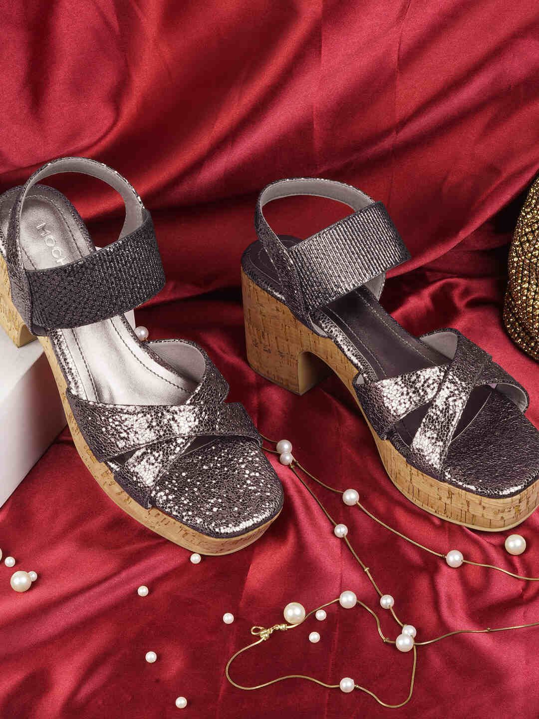 Mochi Women Textured Block Heel Sandals
