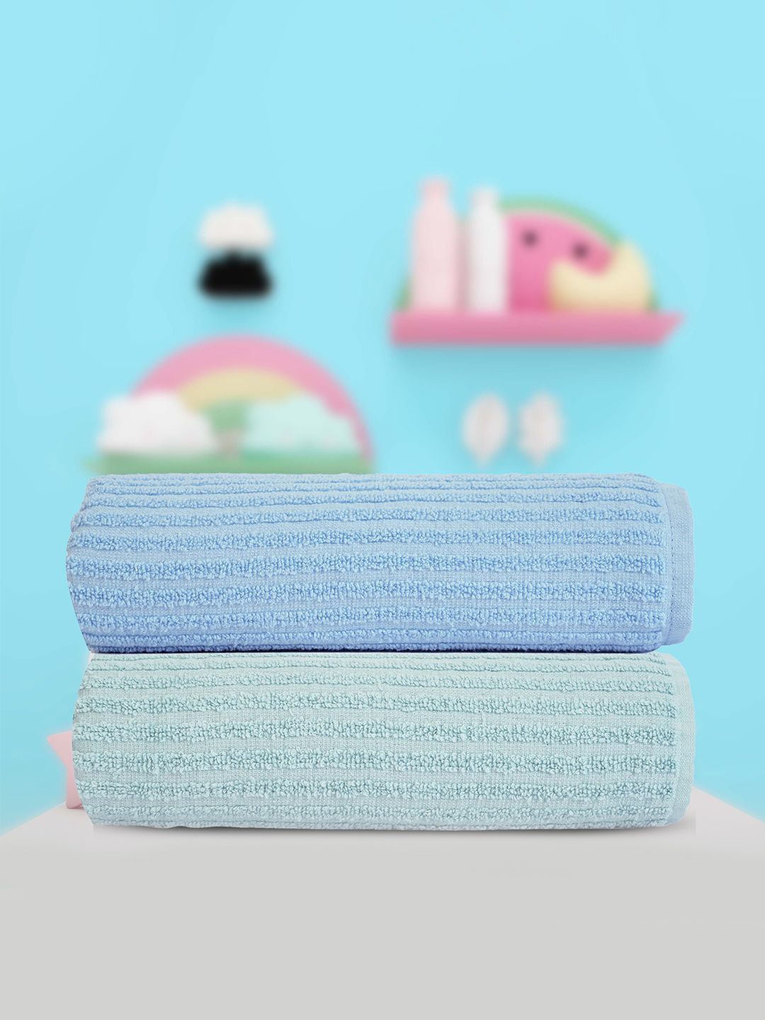haus & kinder Blue & Green 2 Pieces Striped Pure Cotton 550 GSM Bath Towels