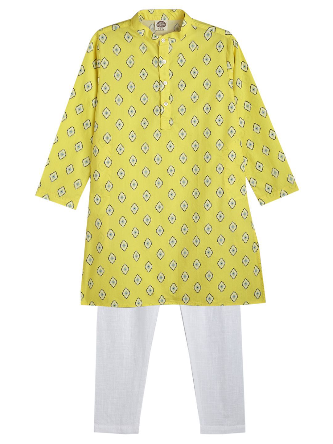 Cub McPaws Boys Ethnic Motifs Printed Mandarin Collar Pure Cotton Kurta with Pyjamas