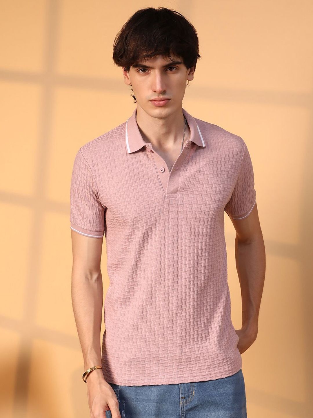 CAHOOT Men Self Design Polo Collar Cotton T-Shirt