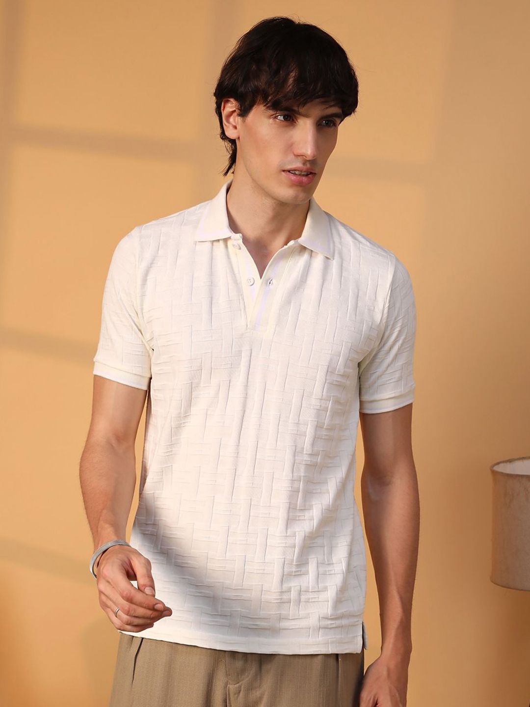 CAHOOT Men Self Design Polo Collar Cotton T-Shirt