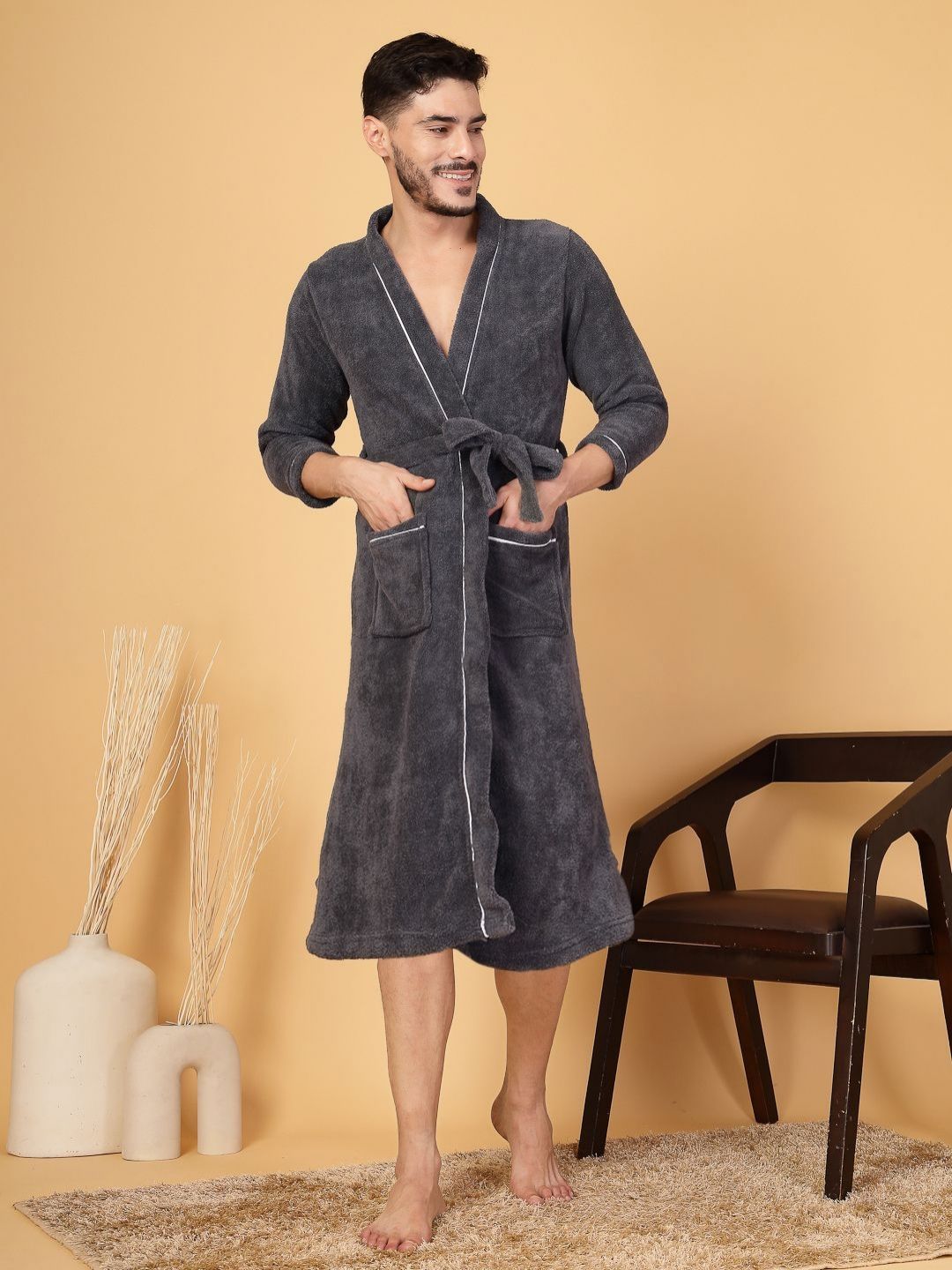 Fabinaliv Men Solid Cotton Bath Robe with Belt and 2 Front Pockets