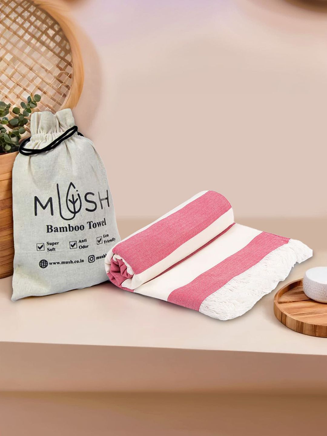 MUSH Red & White Striped Bamboo 250 GSM Towel Set
