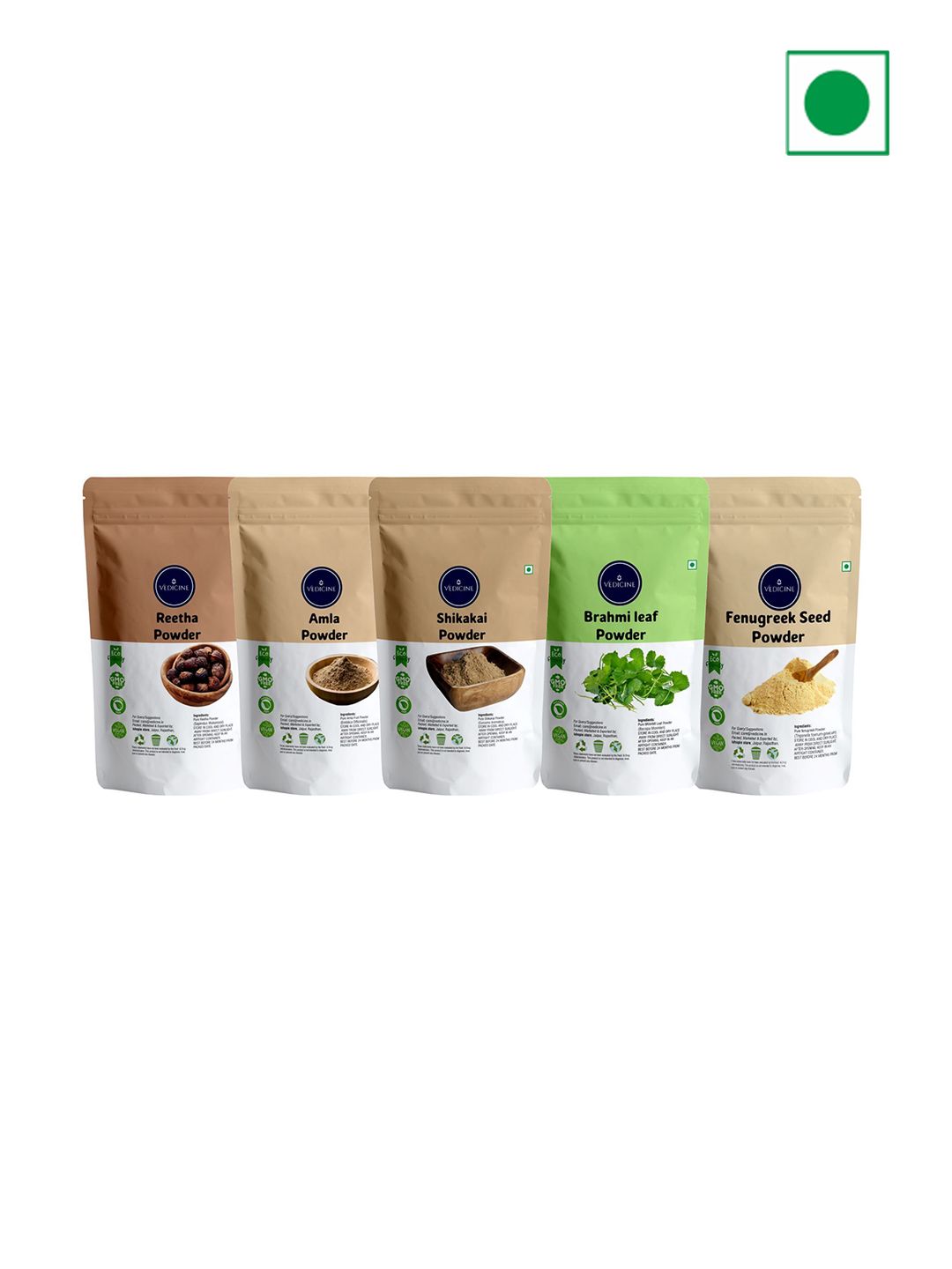 VEDICINE Set Of 5 Amla Reetha Shikakai Fenugreek Brahmi Powder For Hair Care - 50 g Each