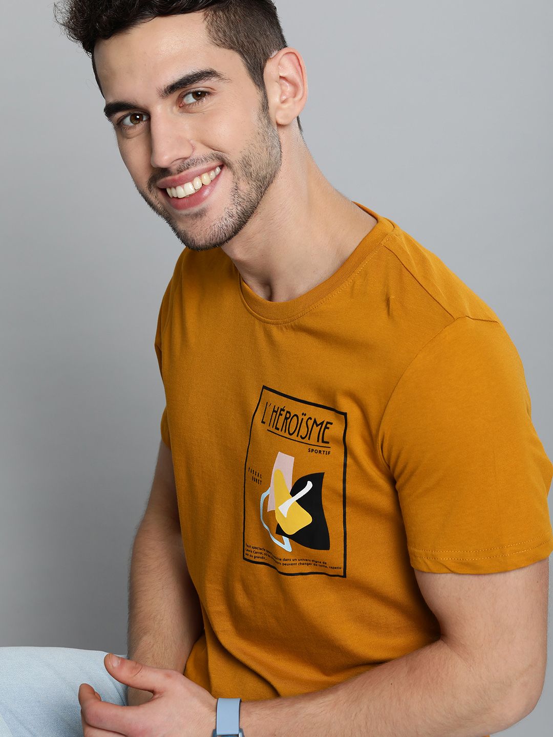 Mast & Harbour Mast  Harbour Men Mustard Yellow Printed Round Neck Pure Cotton T-shirt