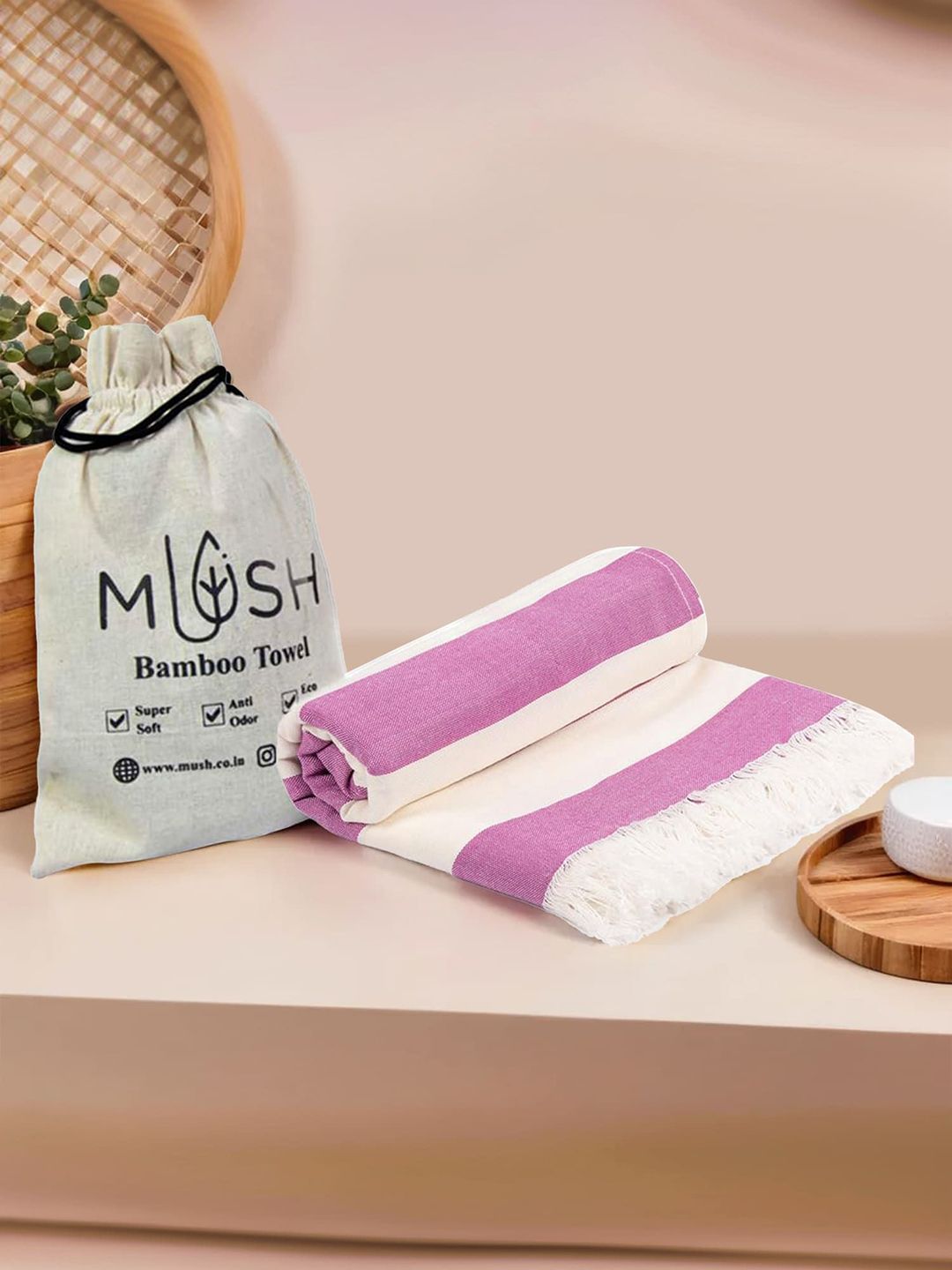 MUSH Purple & White Striped 250 GSM Pure Bamboo Towel Set