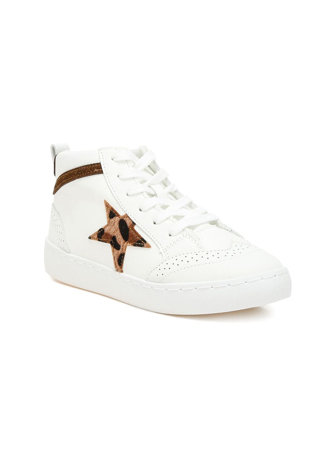 London Rag Women Animal Printed Star Applique Mid-Top Leather Sneakers