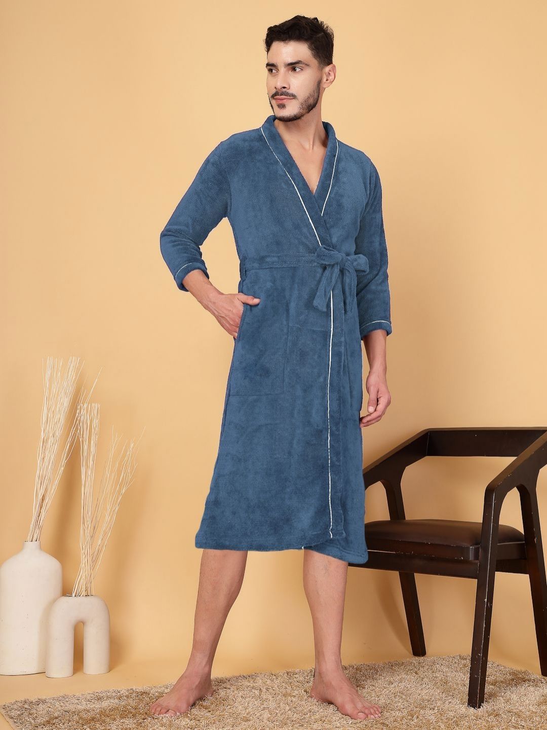 FABINALIV Men Solid Cotton Bath Robe with Belt and 2 Cross Pockets