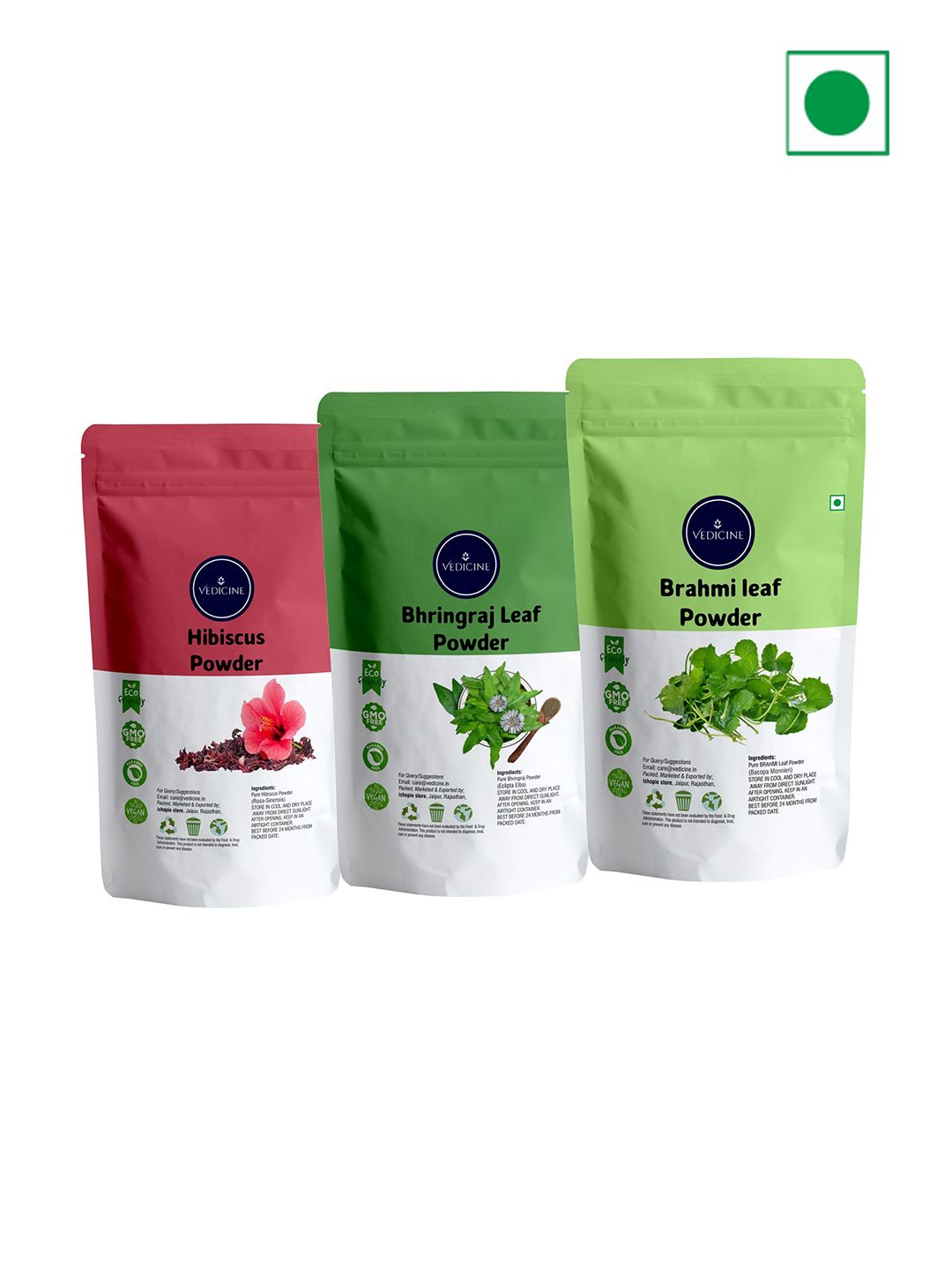 VEDICINE Set Of 3 Hibiscus Bhirngraj Brahmi Powder For Hair Care - 75 g Each