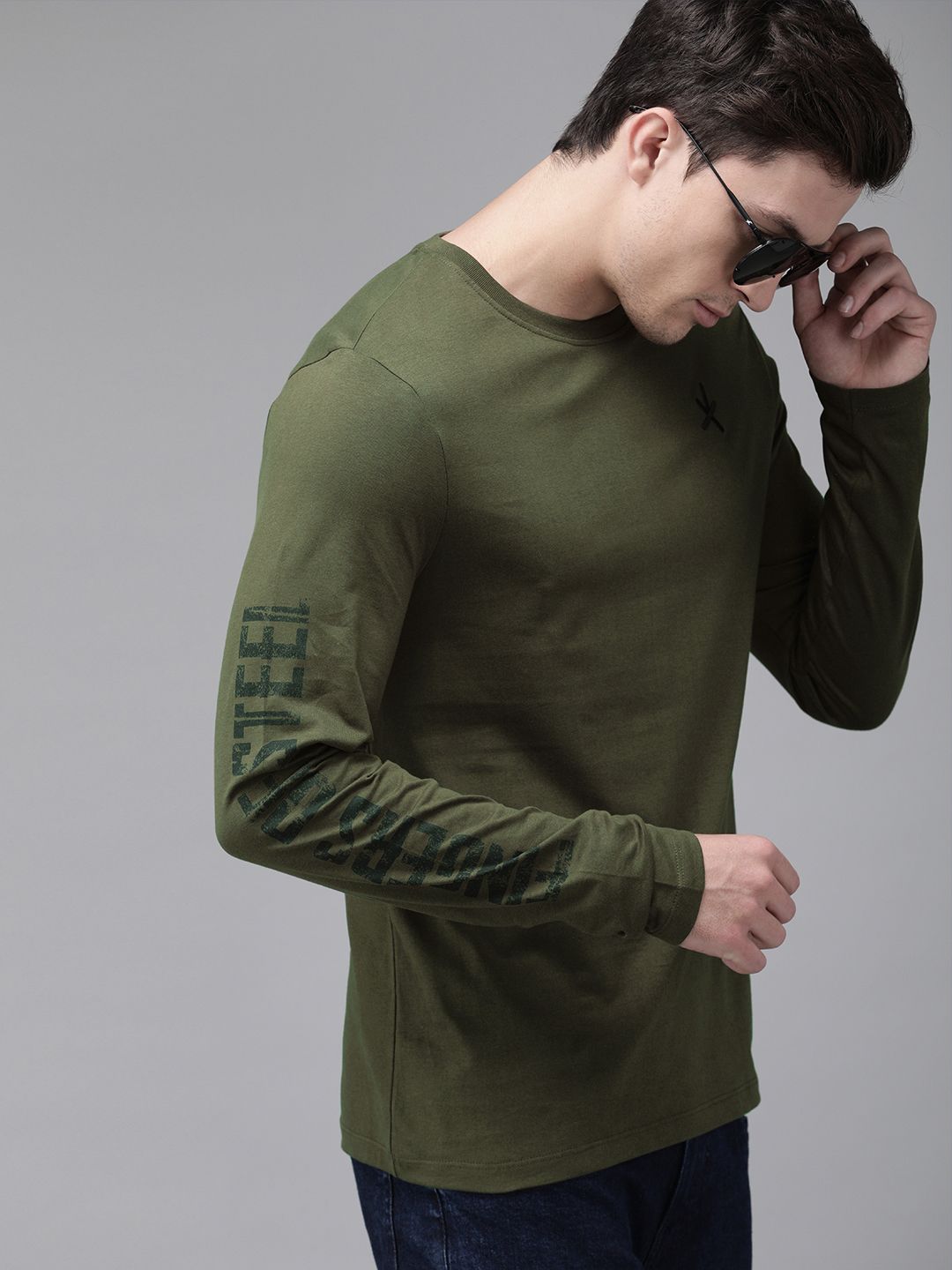 The Roadster Lifestyle Co Men Olive Green Solid Round Neck Pure Cotton T-shirt