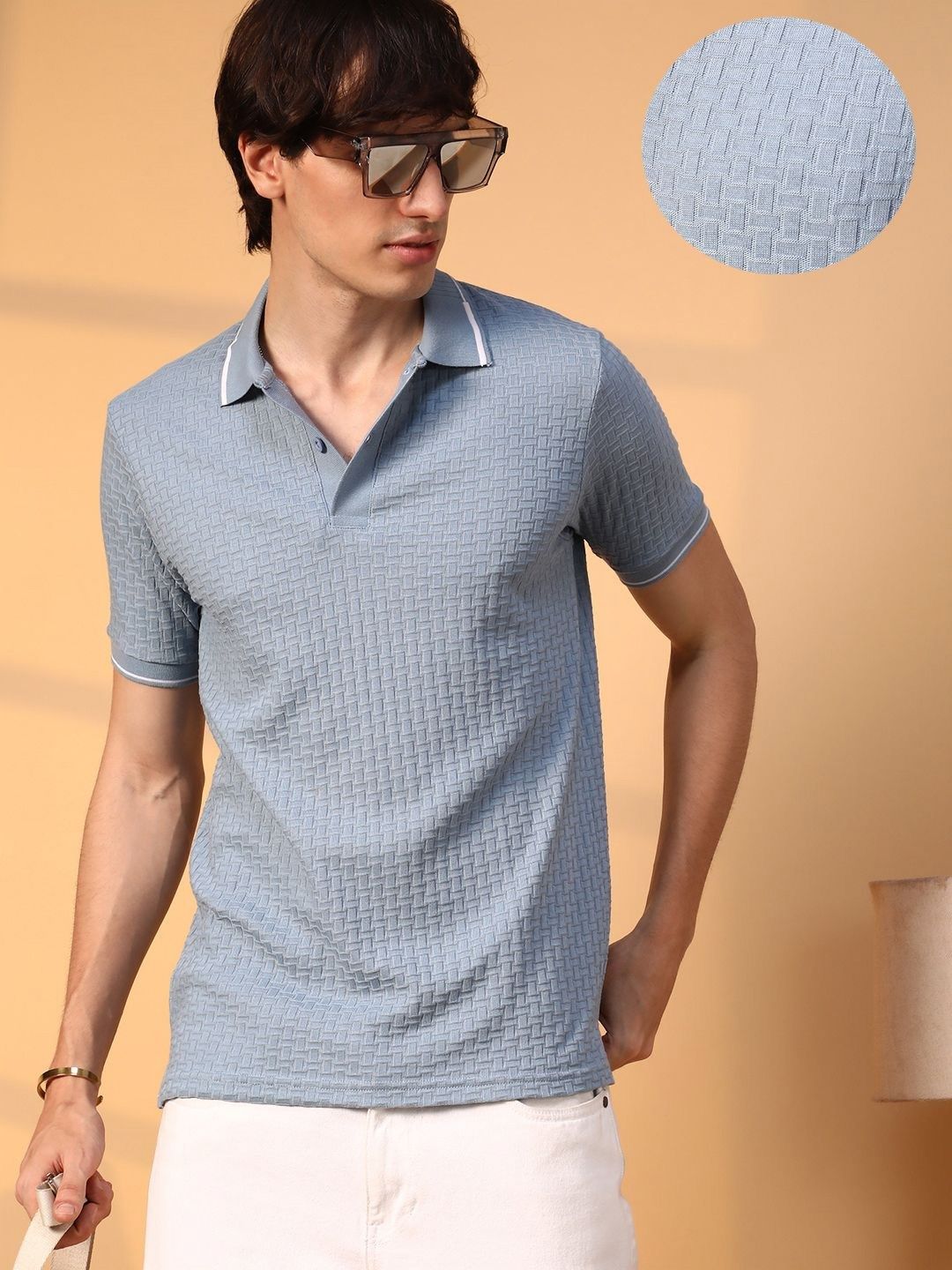 CAHOOT Men Self Design Polo Collar Cotton T-Shirt