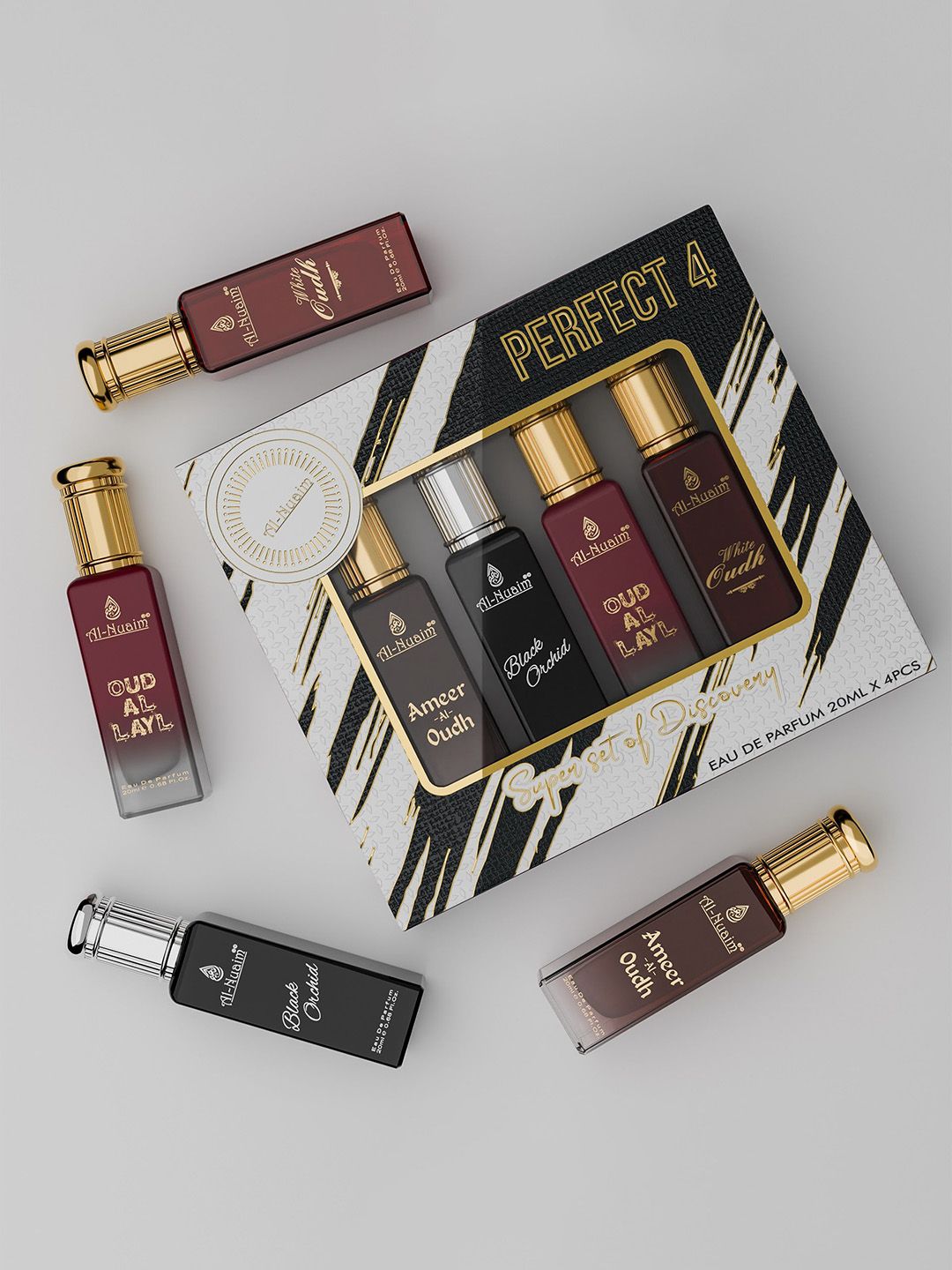 Al-Nuaim Set Of 4 Oud-Al-Layl, Black Orchid, Ameer-Al-Oudh, White Oudh EDP-20ml Each