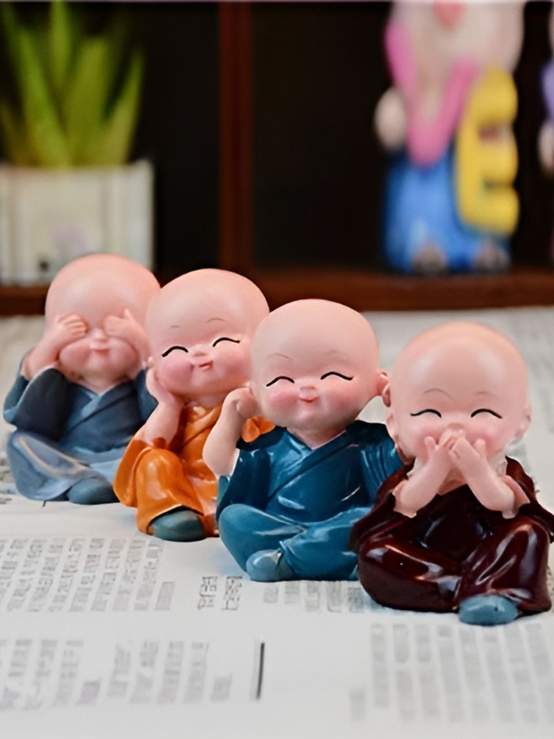 置物 M Buy Quace Baby Monk Blue Ceramic Glossy Living Room Set of 4 Tiny