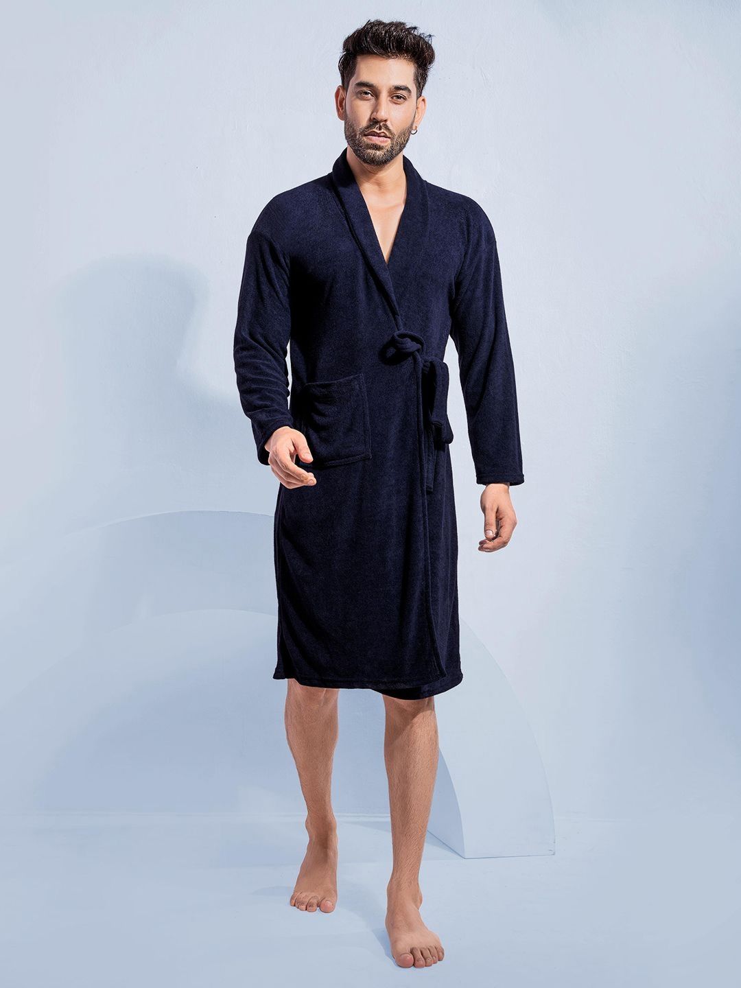 HotGown Navy Blue Shawl Collar Bath Robe