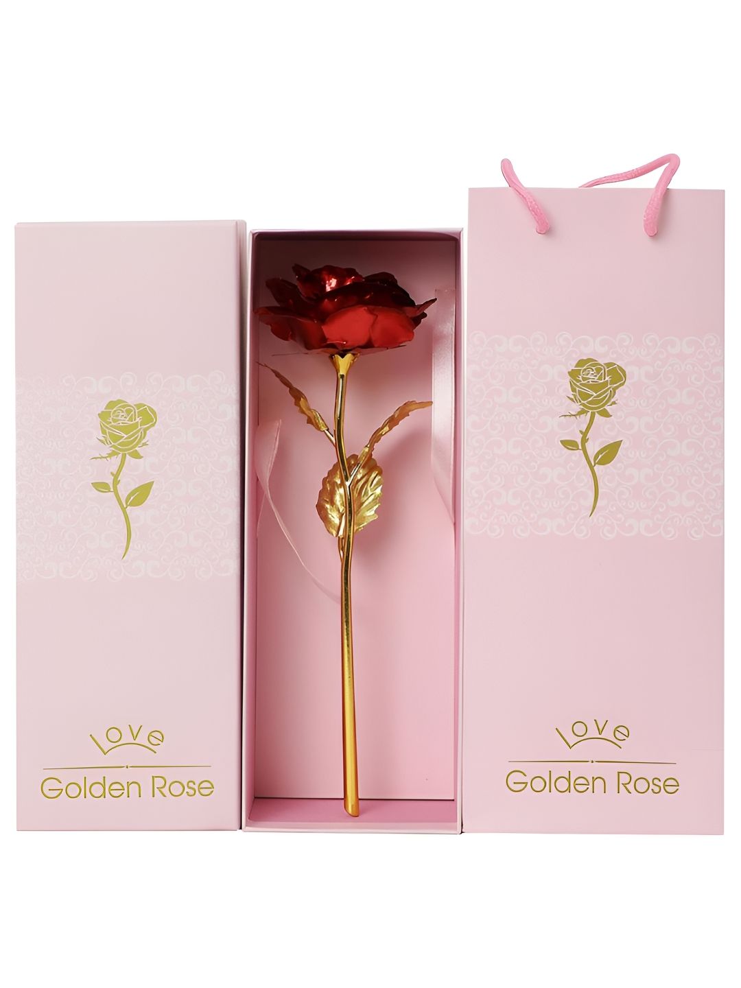 INTERNATIONAL GIFT Gold Toned & Red 2 Pieces Artificial Rose with Carry Bag Gifts Set