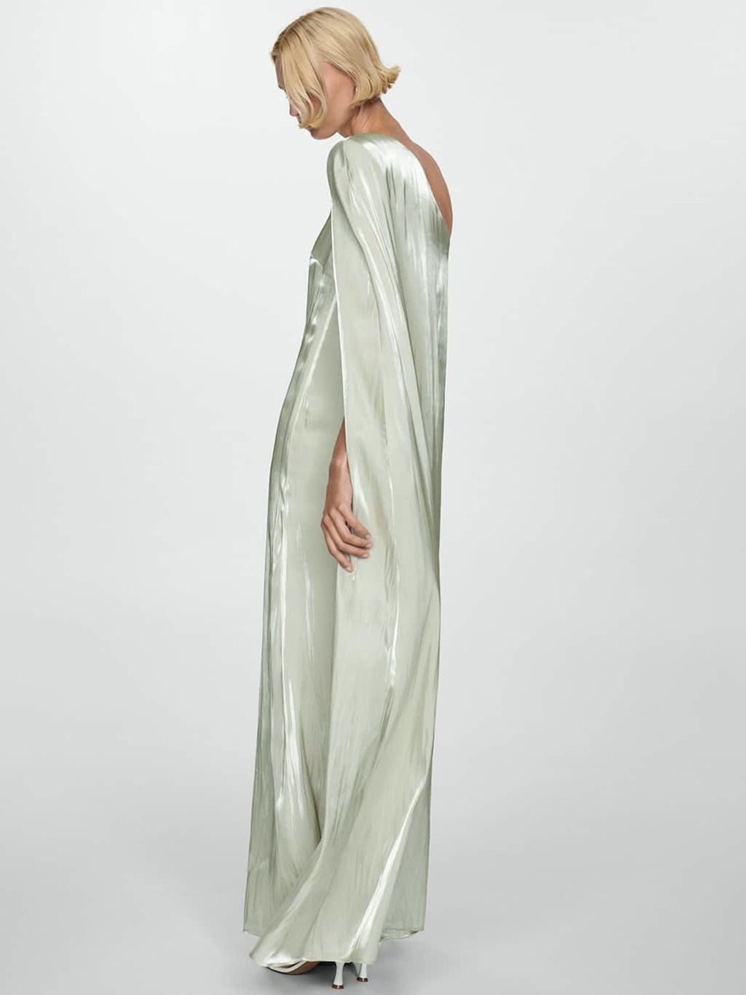 One Shoulder Slit Sleeve Satin Maxi Dress