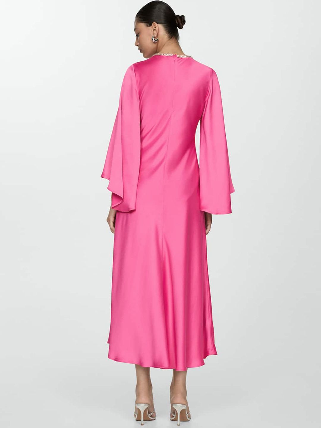 Flared Sleeve Satin Sheath Midi Dress