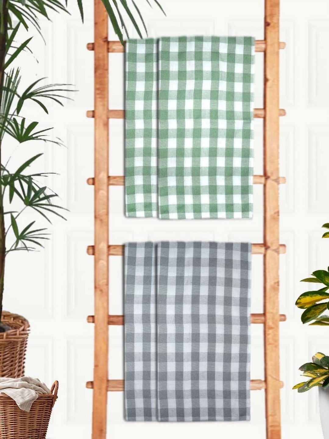 Aura Green & Grey 4 Pieces Printed Cotton 210 GSM Bath Towels