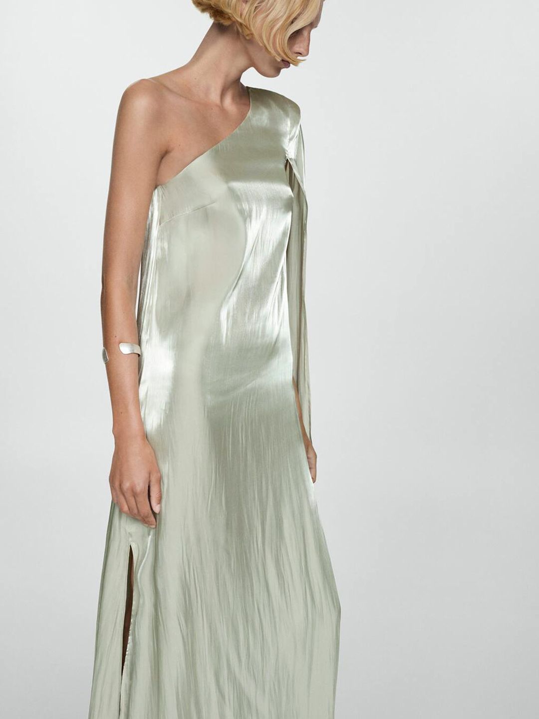 One Shoulder Slit Sleeve Satin Maxi Dress