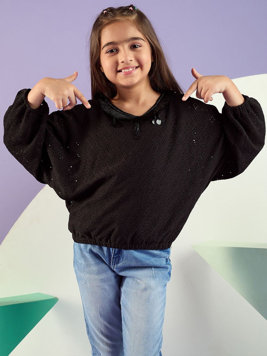 Peppermint Embellished Batwing Sleeve Chambray Crop Top