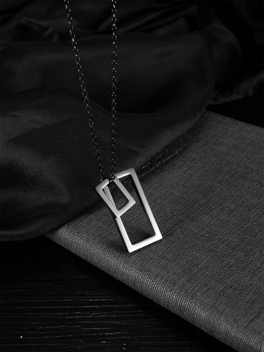 Yellow Chimes Men Rhodium-Plated Stainless Steel Square Shaped Pendant with Chain