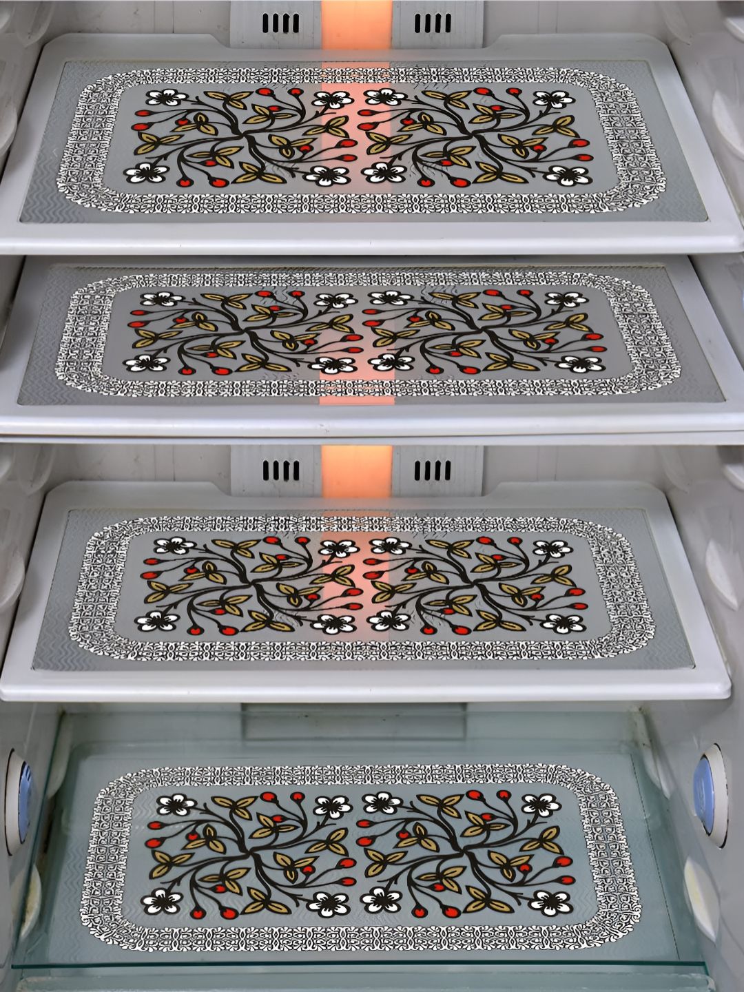 LooMantha Black & Transparent 4 Pieces Floral Printed Fridge Mats