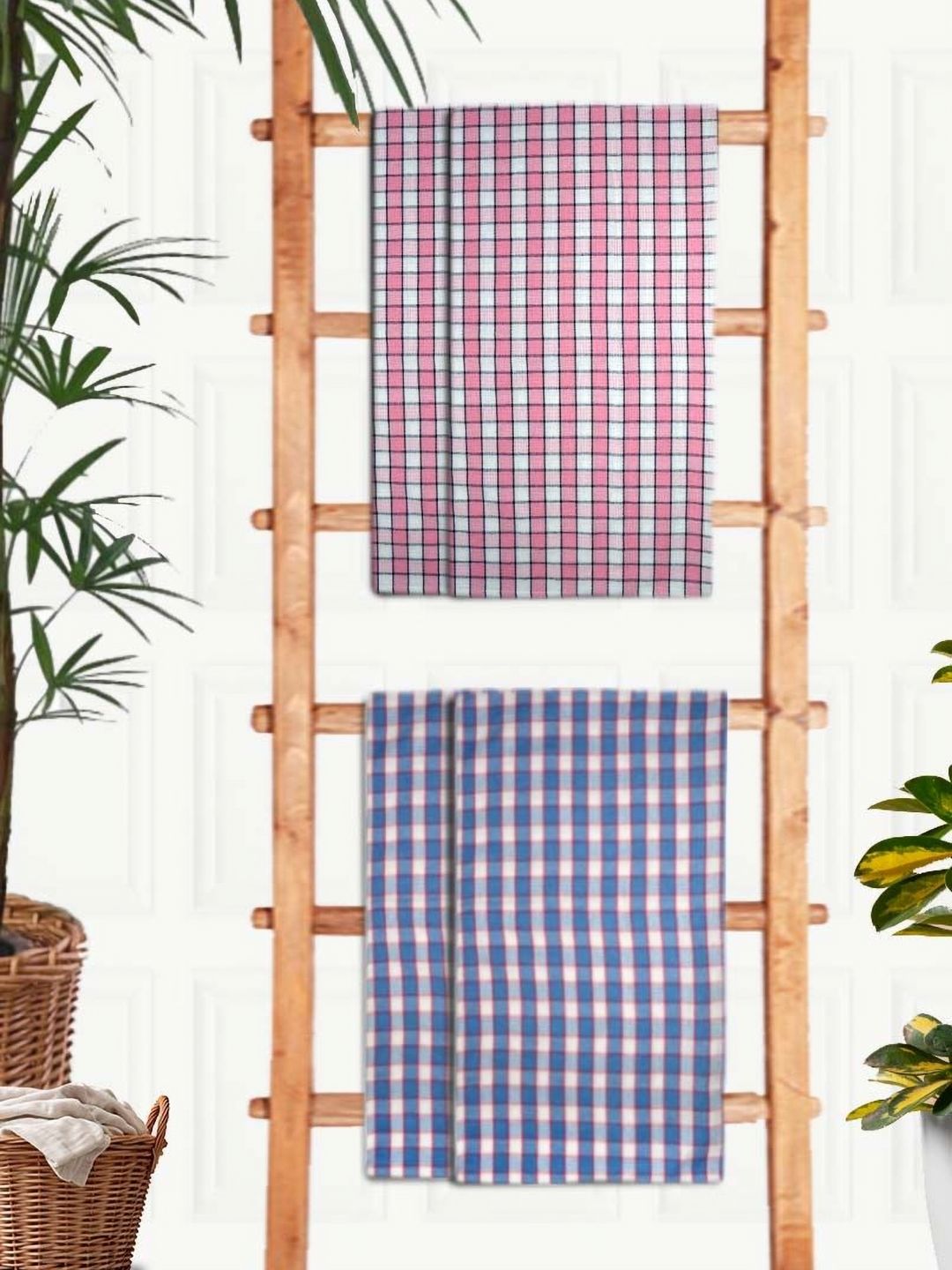 Aura Blue & Pink 4 Pieces Printed Cotton 210 GSM Bath Towel