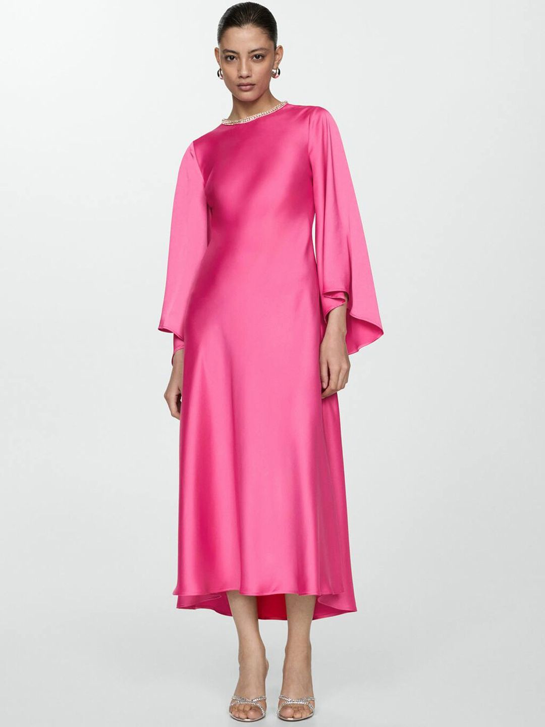Flared Sleeve Satin Sheath Midi Dress