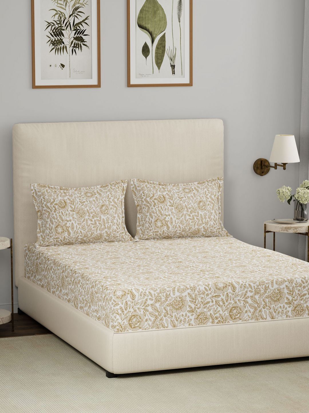 MASPAR MASPAR White Floral Cotton 144 TC King Bedsheet with 2 Pillow Covers-108 x 108 inches