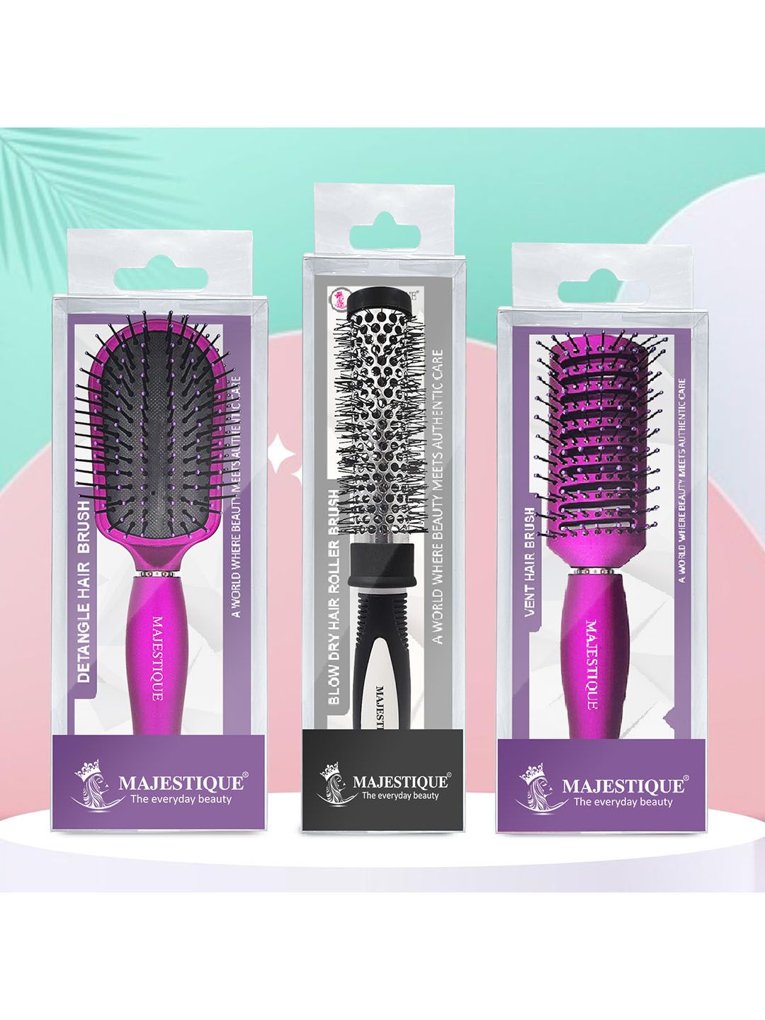 MAJESTIQUE Set Of 3 Detangler Brush Small Round Hair Brush & Vent Blow Brush