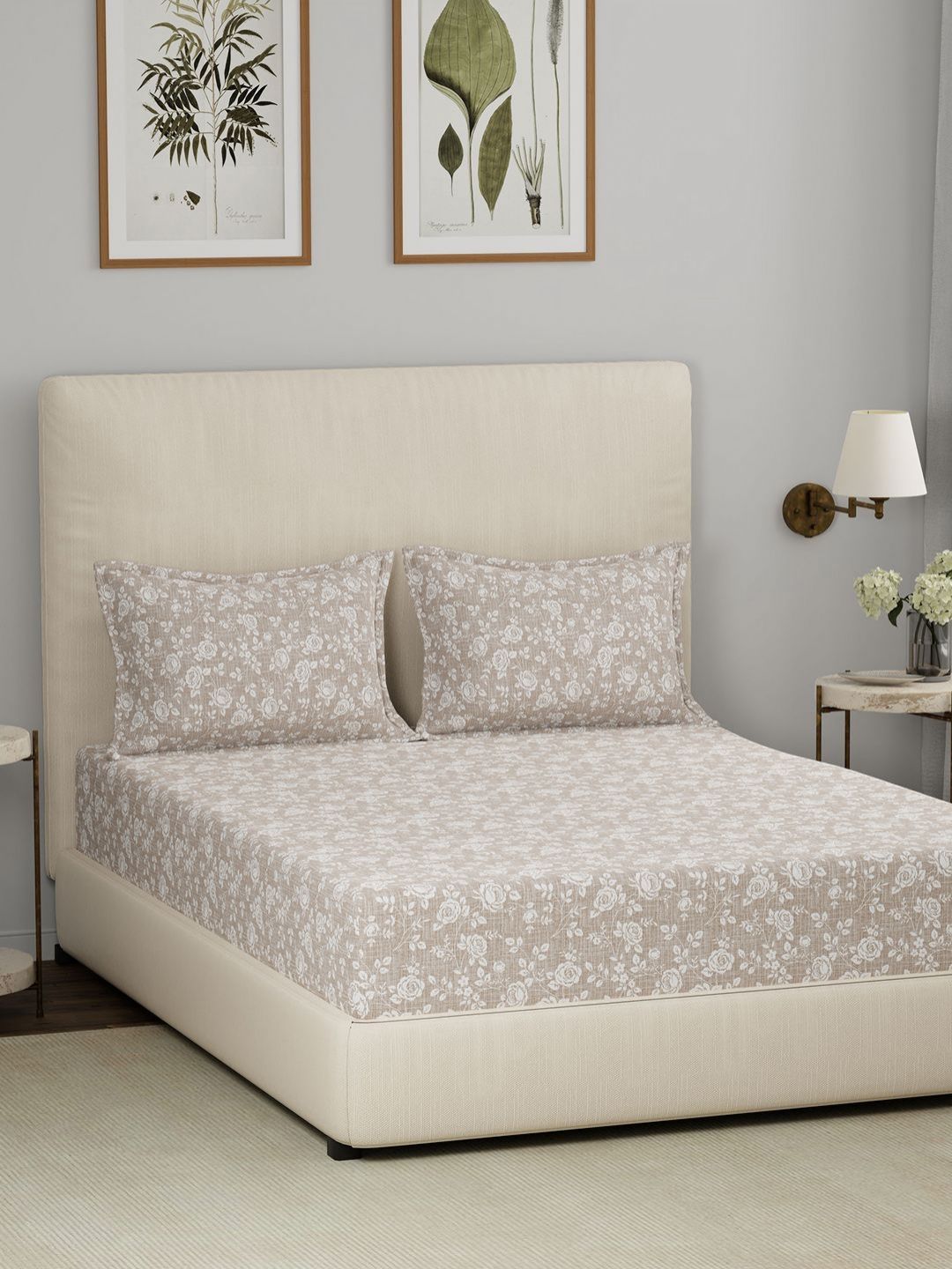 MASPAR MASPAR Brown Floral Cotton Skin-Friendly 144 TC King Bedsheet with 2 Pillow Covers-275 x 275 cm