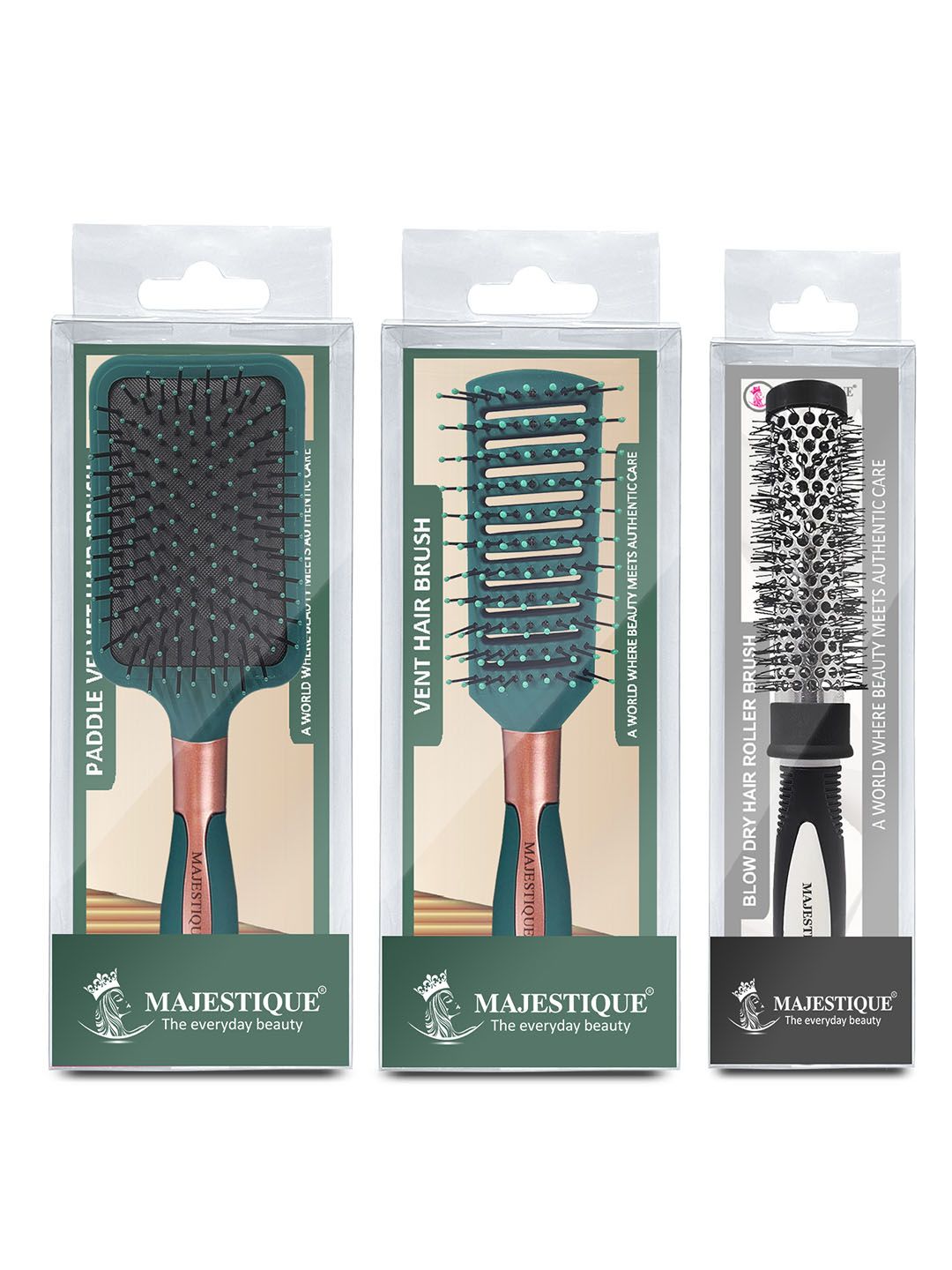 MAJESTIQUE Set of 3 Paddle & Vent Brushes with Blow Dryer