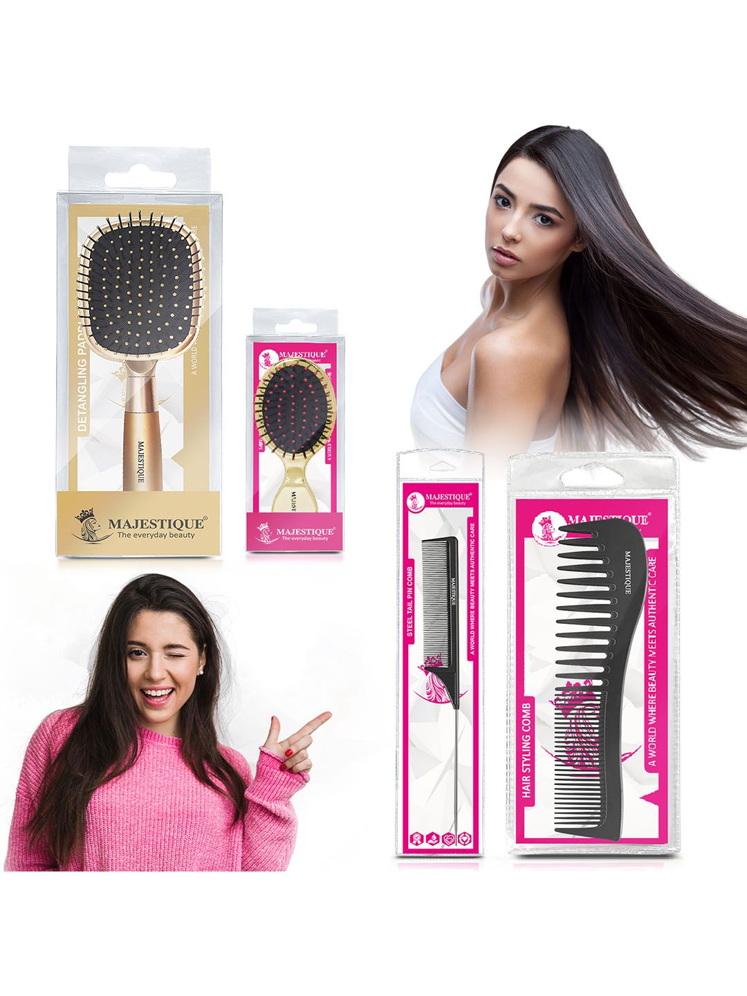 MAJESTIQUE Set Of 4 Paddle Detangling Hairbrush Wide Tooth & Tail Comb Bristles