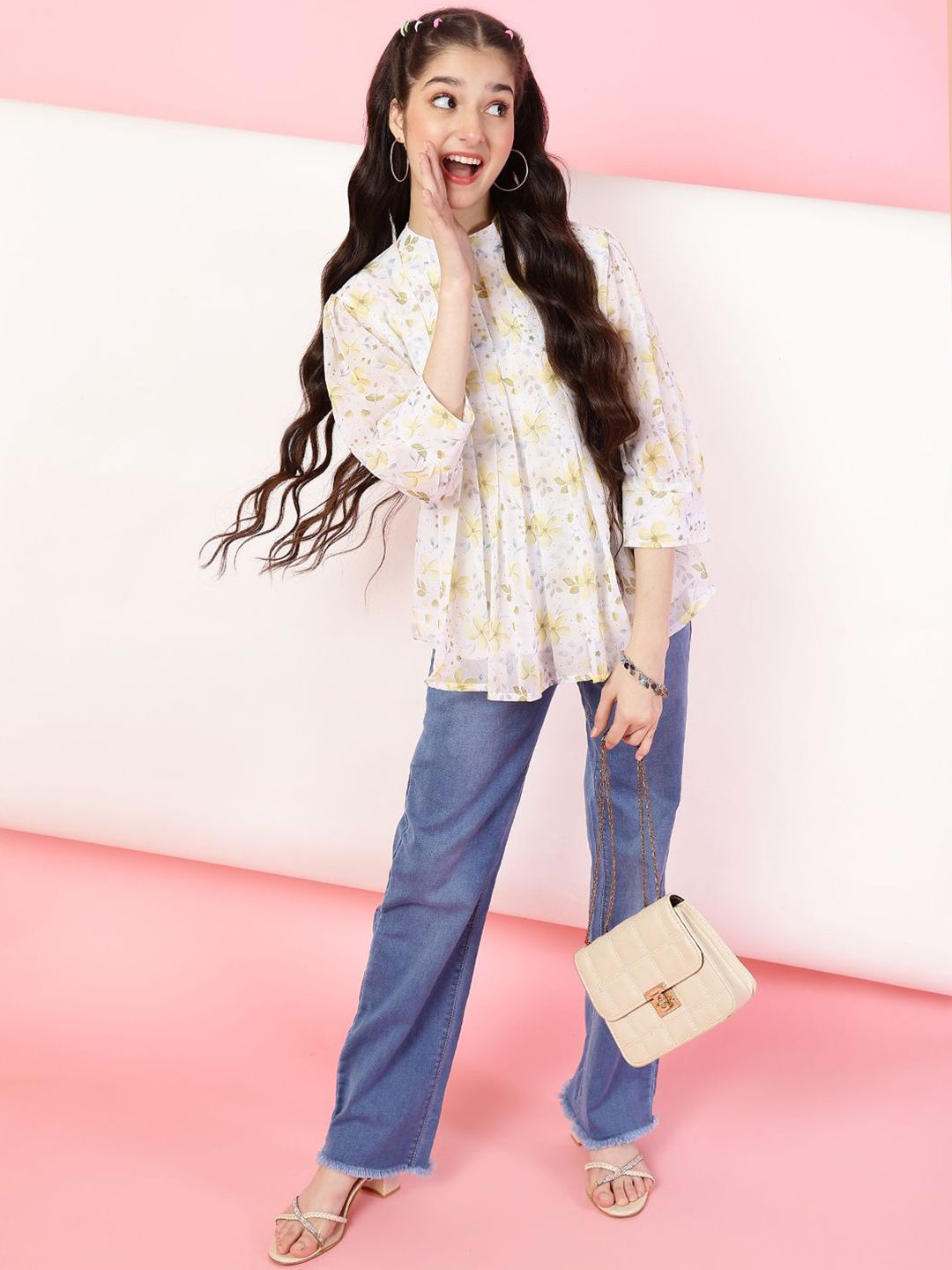 BAESD Floral Print Mandarin Collar Top