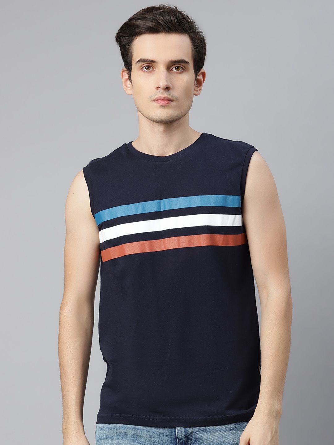 The Roadster Lifestyle Co Men Navy Pure Cotton Striped Round Neck Pure Cotton T-shirt