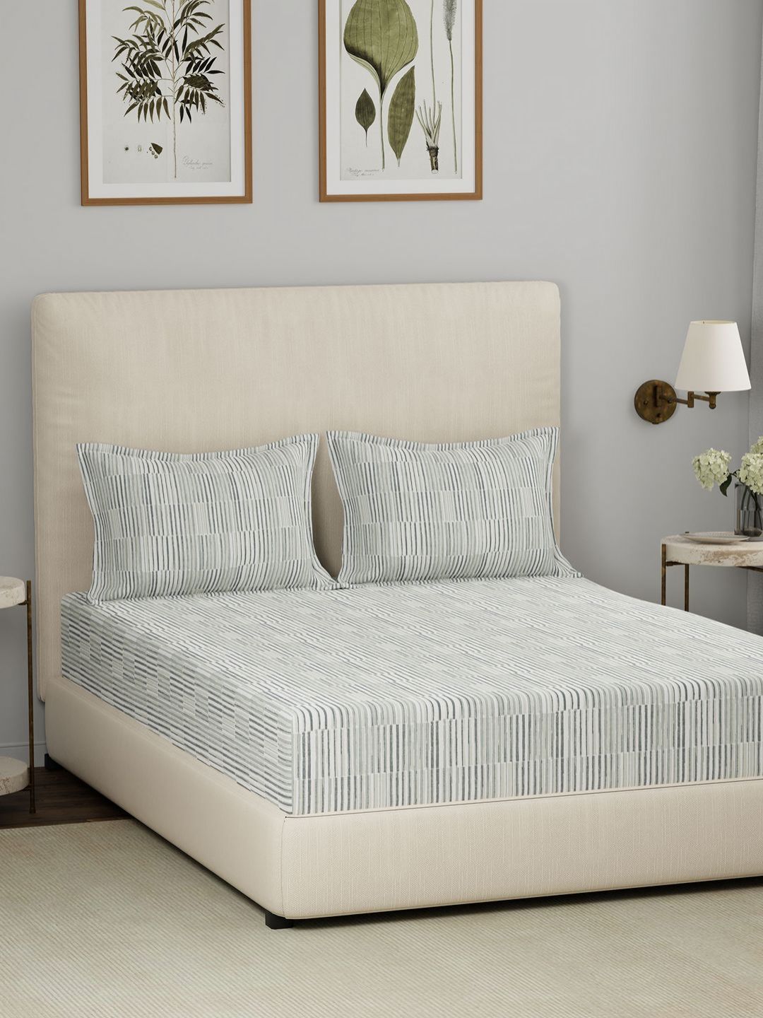 MASPAR MASPAR Eclectic Garden Beige Abstract Cotton 144 TC Fitted King Bedsheet with 2 Pillow Covers-108 x 108 inches