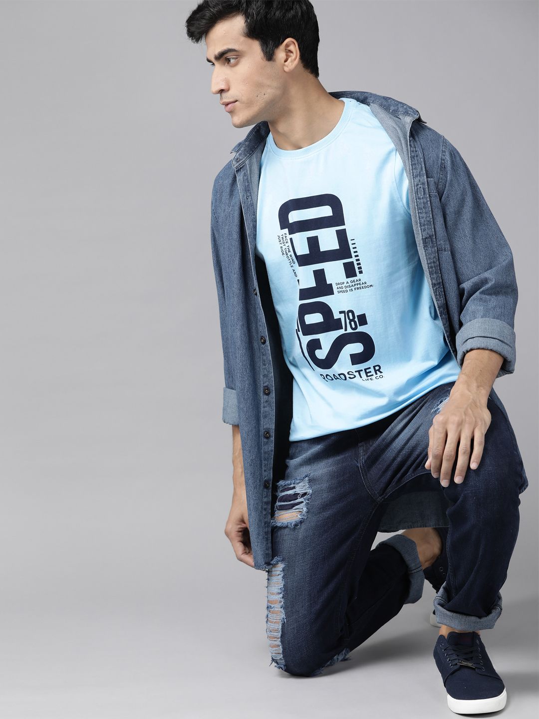 Roadster Men Blue Pure Cotton Printed Round Neck T-shirt