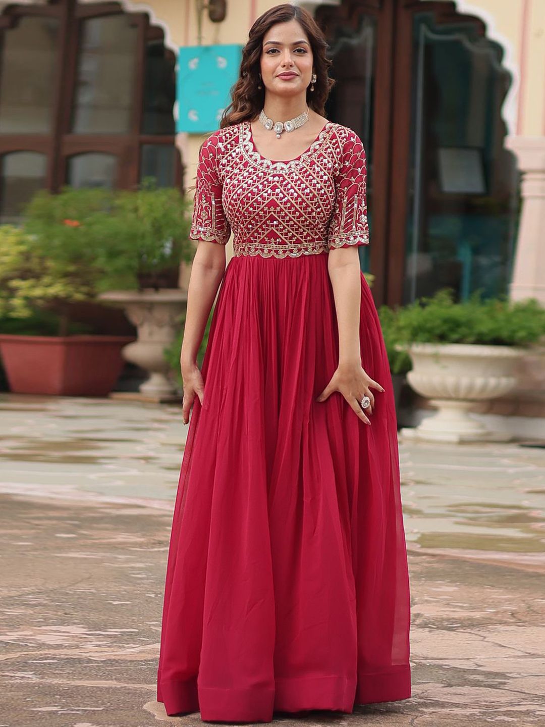 Buy KALINI Ethnic Motifs Embroidered Sequinned Georgette Fit & Flare Maxi  Ethnic Dress - Ethnic Dresses for Women 30712639 | Myntra