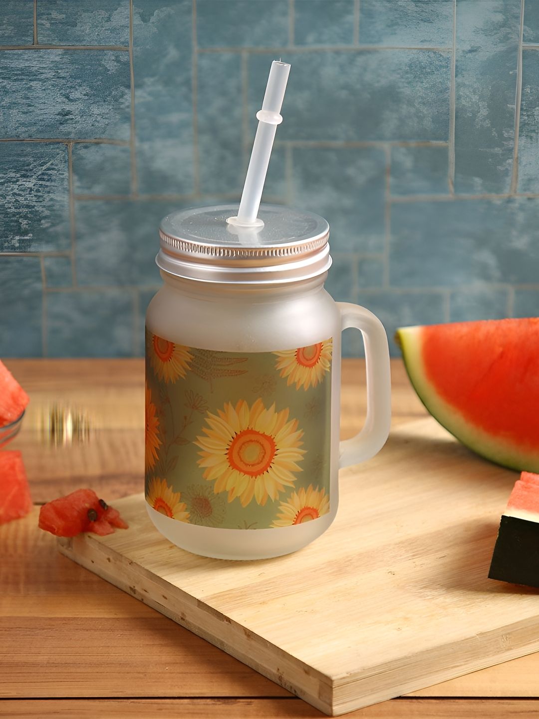 PENTADECO Green Floral Glass Microwave Safe Jar with Lid and Straw-400ml