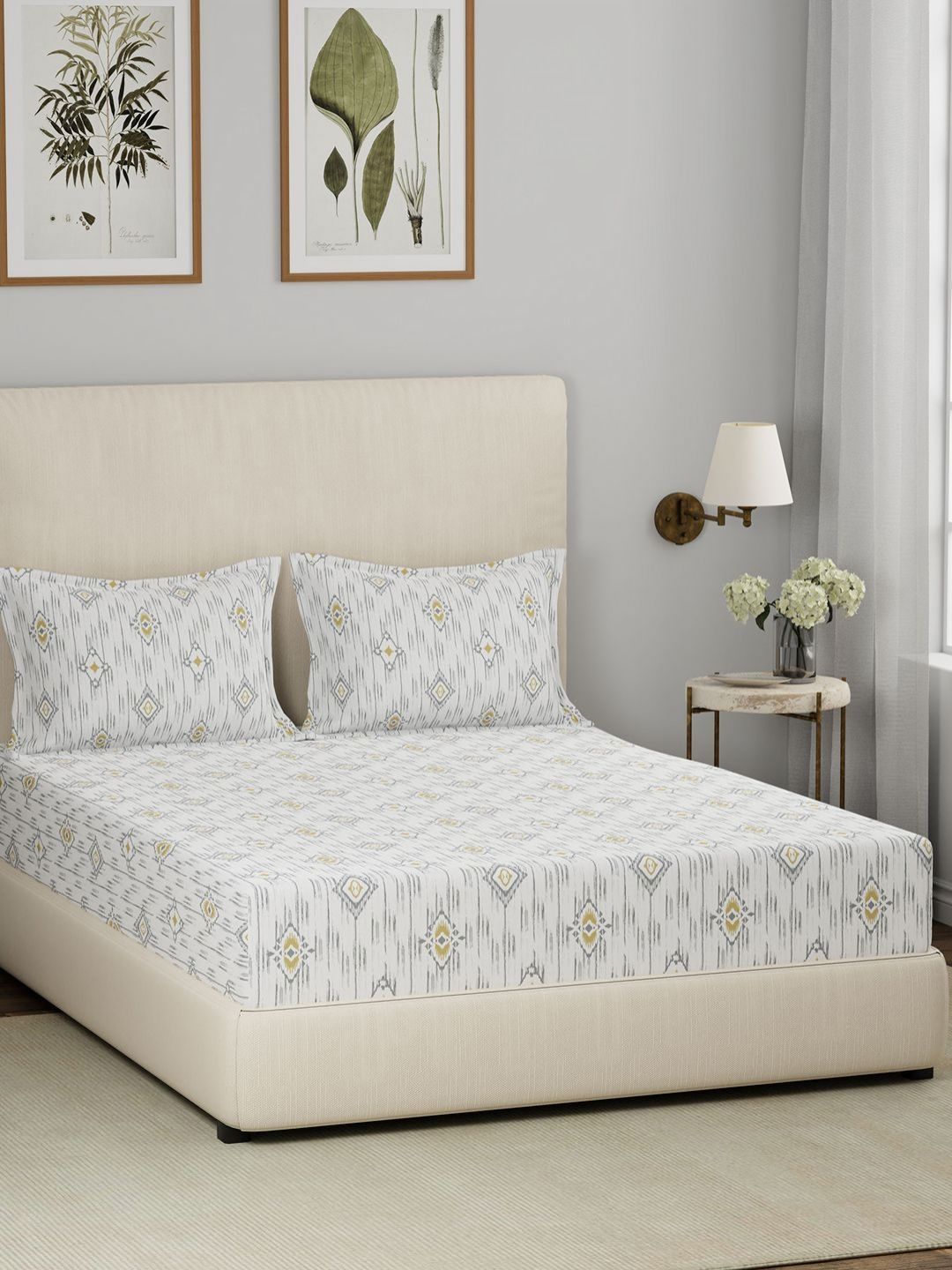 MASPAR MASPAR Eclectic Garden Mustard Geometric Cotton 144 TC Fitted King Bedsheet with 2 Pillow Covers-108 x 108 inches