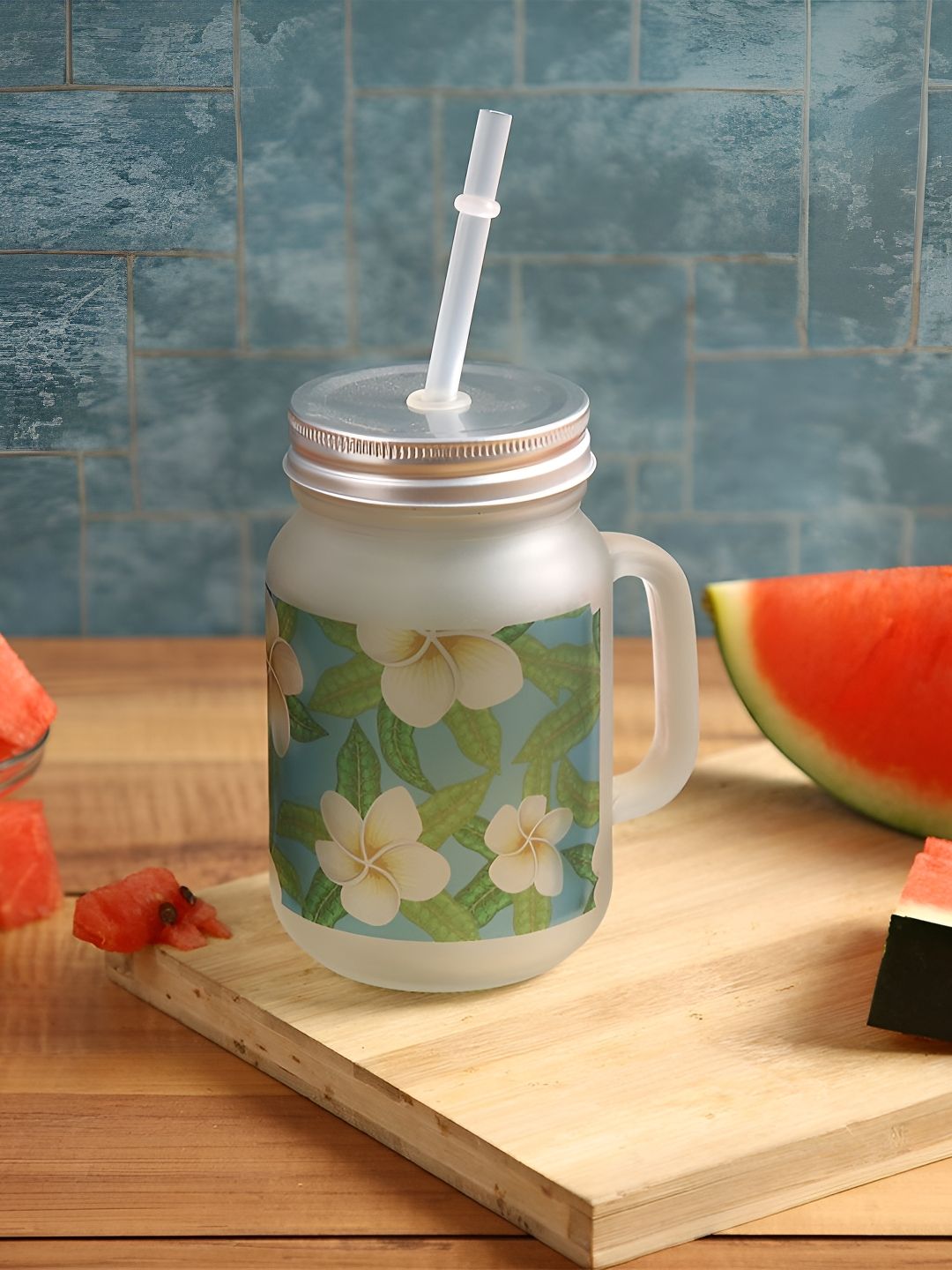 PENTADECO Blue Floral Glass Dishwasher Safe Mug with Lid and Straw-400ml