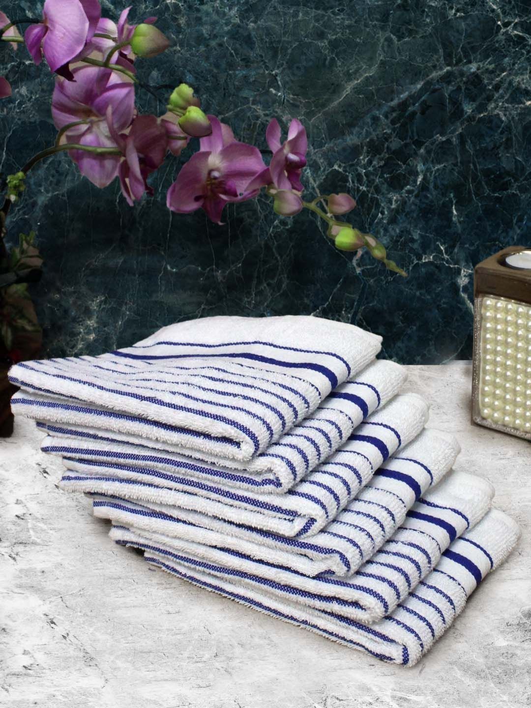 Aura Blue & White 6 Pieces Striped Pure Cotton 150 GSM Hand Towels