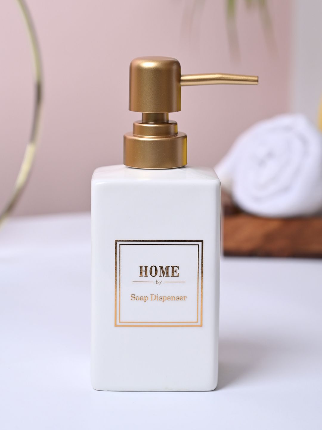 MARKET99 White & Gold-Toned Printed Glossy Ceramic Soap Dispenser