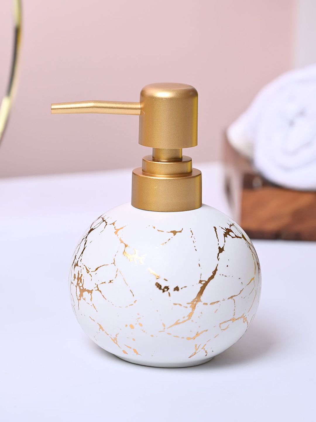 MARKET99 White & Gold-Toned Abstract Printed Glossy Ceramic Soap Dispenser