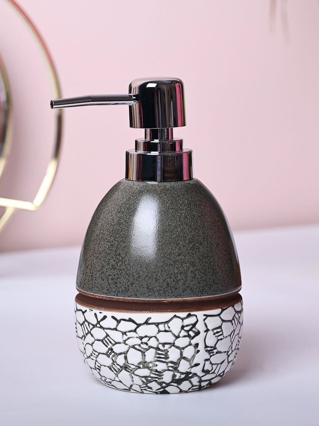 MARKET99 Grey & White Abstract Printed Glossy Ceramic Soap Dispenser
