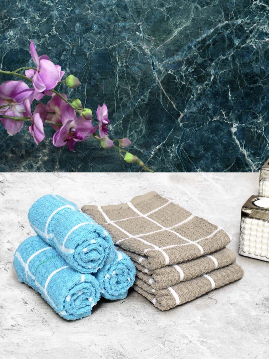 Aura Blue & Brown 6 Pieces Checked Pure Cotton 150 GSM Hand Towels