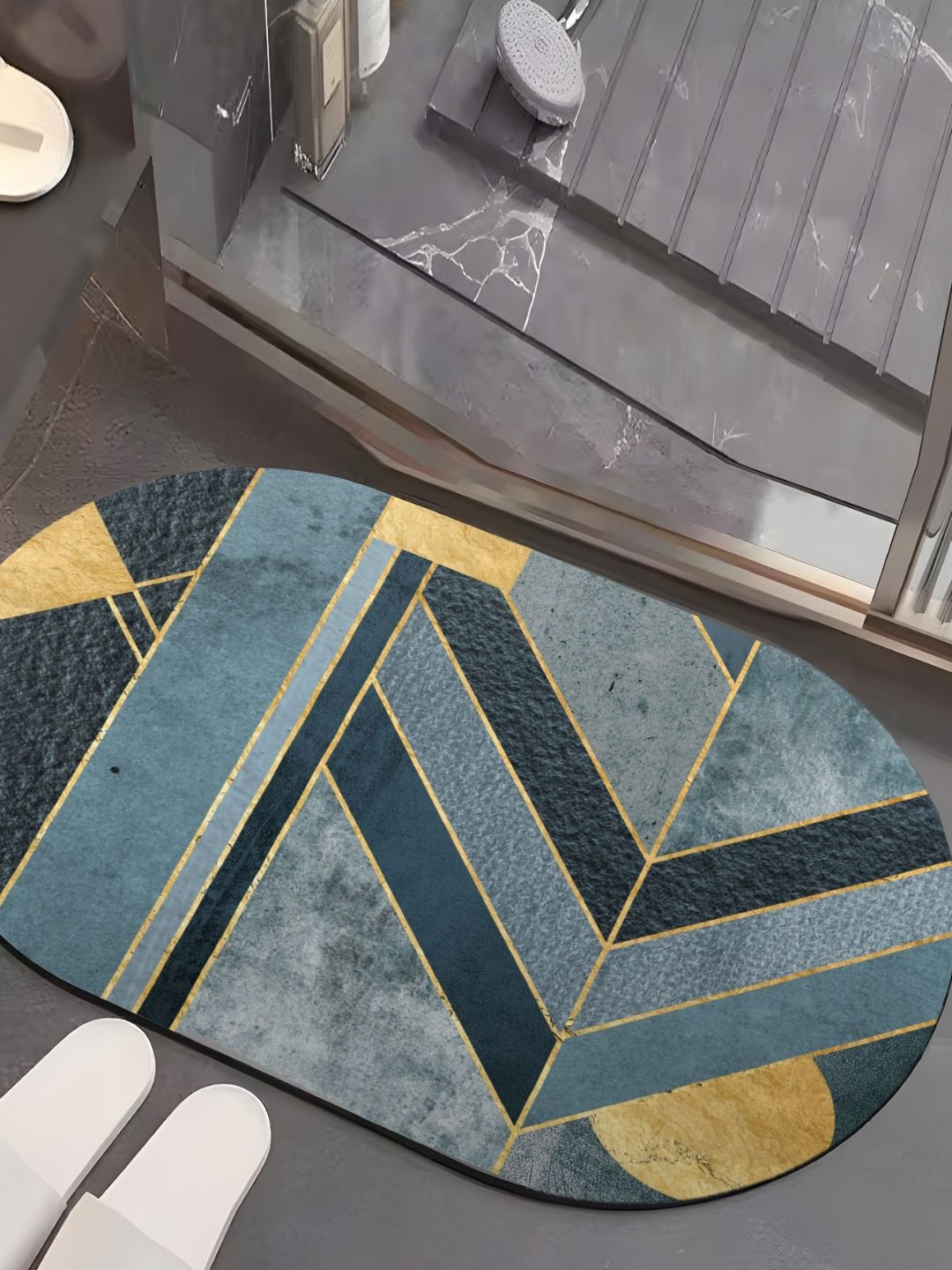UMAI Grey & Blue Printed Anti-Skid 210 GSM Bath Rug