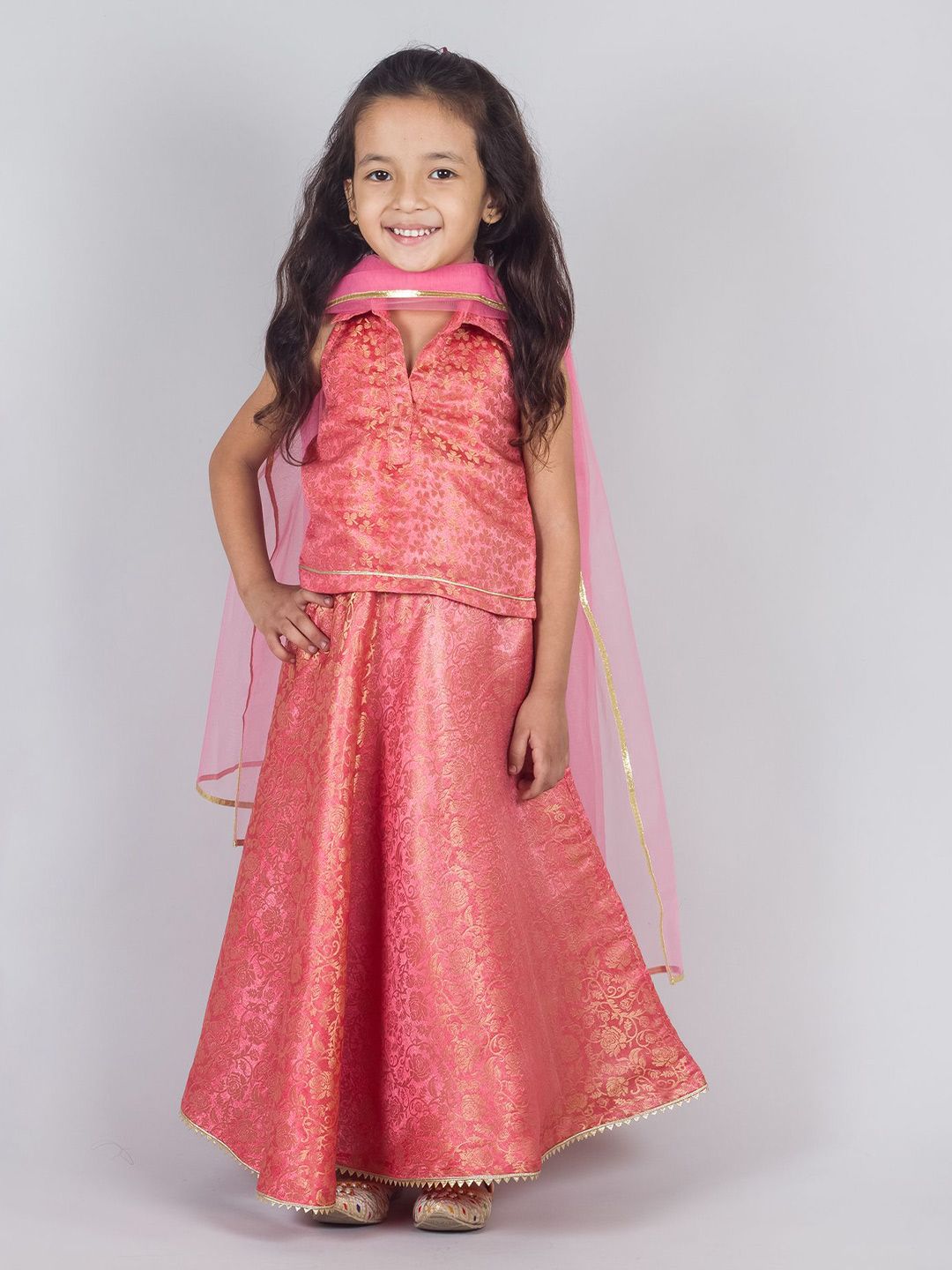 Tangerine Closet Girls Woven Design Zari Ready to Wear Lehenga & Blouse With Dupatta
